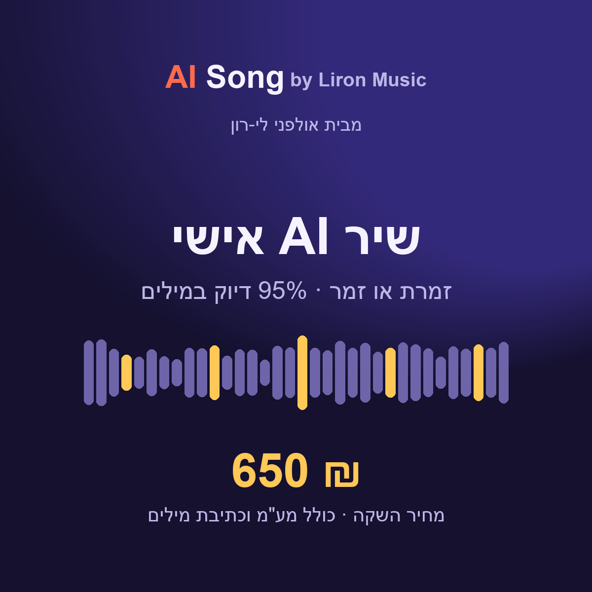 שיר AI אישי במתנה מאולפני לי-רון - 650 ₪ כולל כתיבת מילים, זמרת או זמר, 95% דיוק במילים